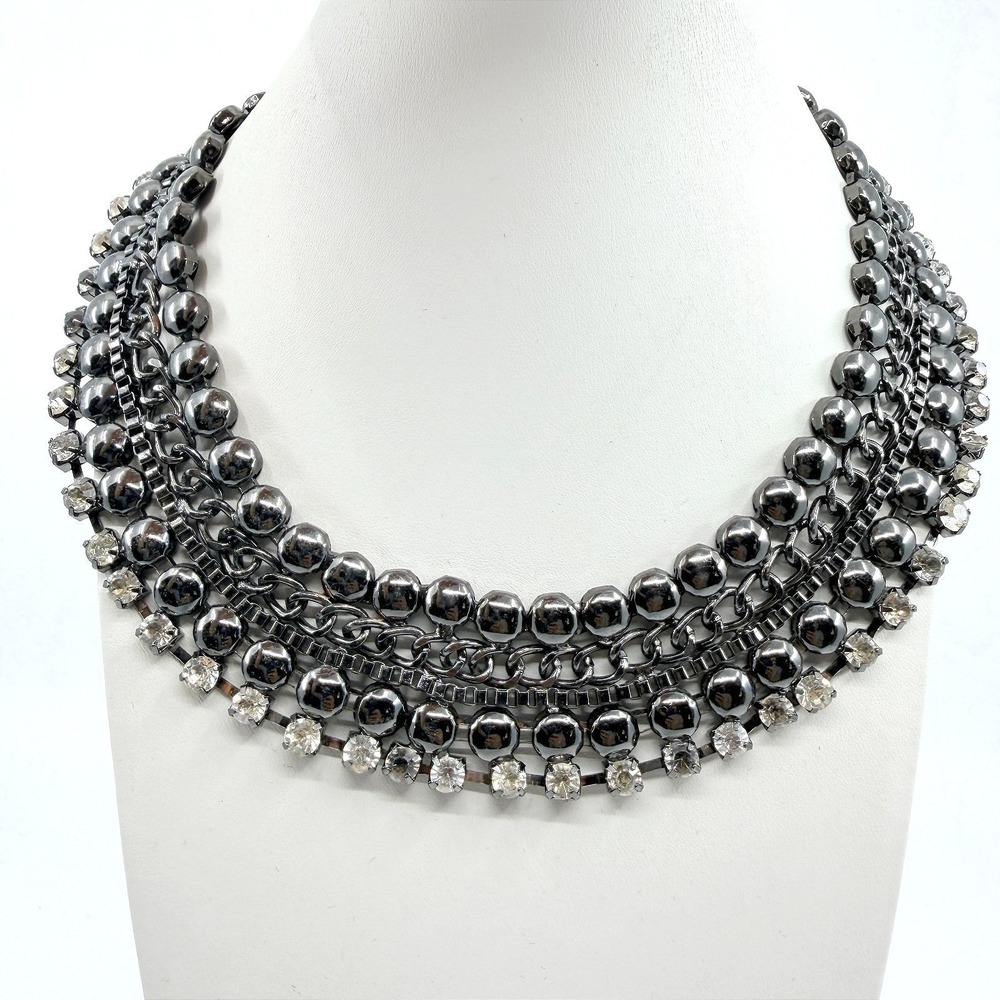 Vintage Gunmetal Rhinestone Collar‎ Necklace Layered Chunky Statement Bib Punk